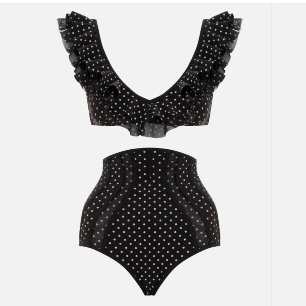 ZIMMERMANN PAINTED HEART CASCADE RUFFLE POLKA DOT HIGH WAISTED BIKINI SWIMSUIT